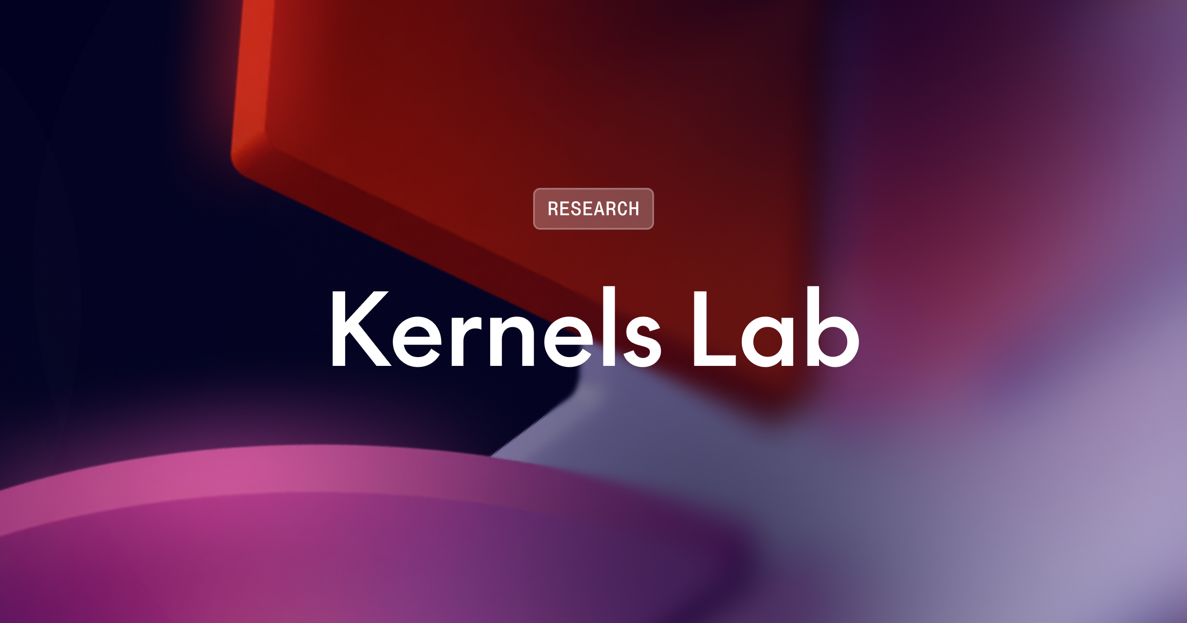 带有紫色和红色形状、文字“Kernels Lab”以及标记为“研究”按钮的抽象背景图。